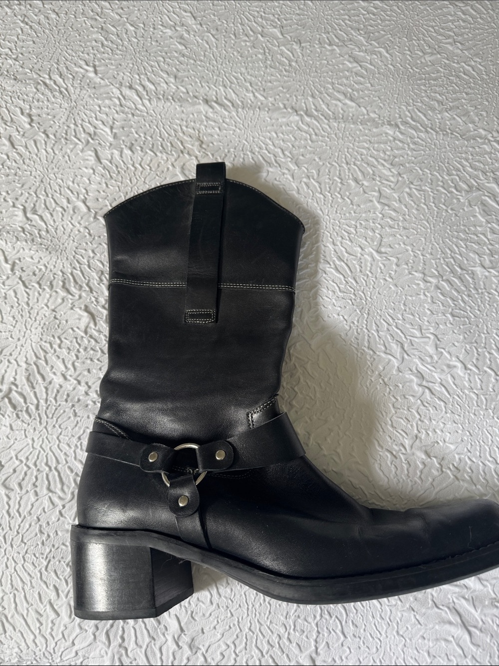 Franco Sarto Black Leather Mid-Calf Harness Boots